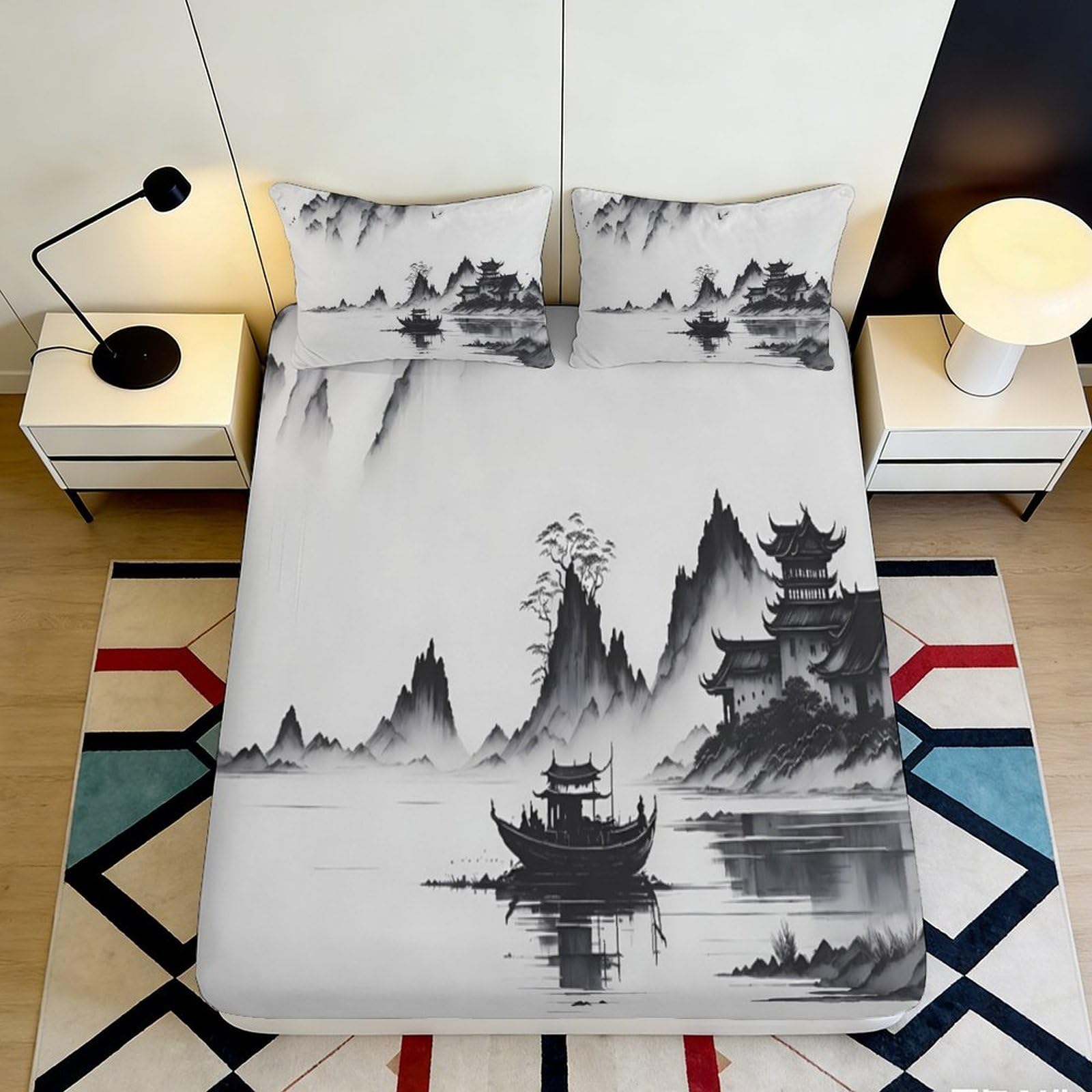 3D Printed Chinese Ink Landscape Fitted Sheet Microfiber Soft Art Mountain River Bed Cover for Bedroom Decor 180x200x25cm