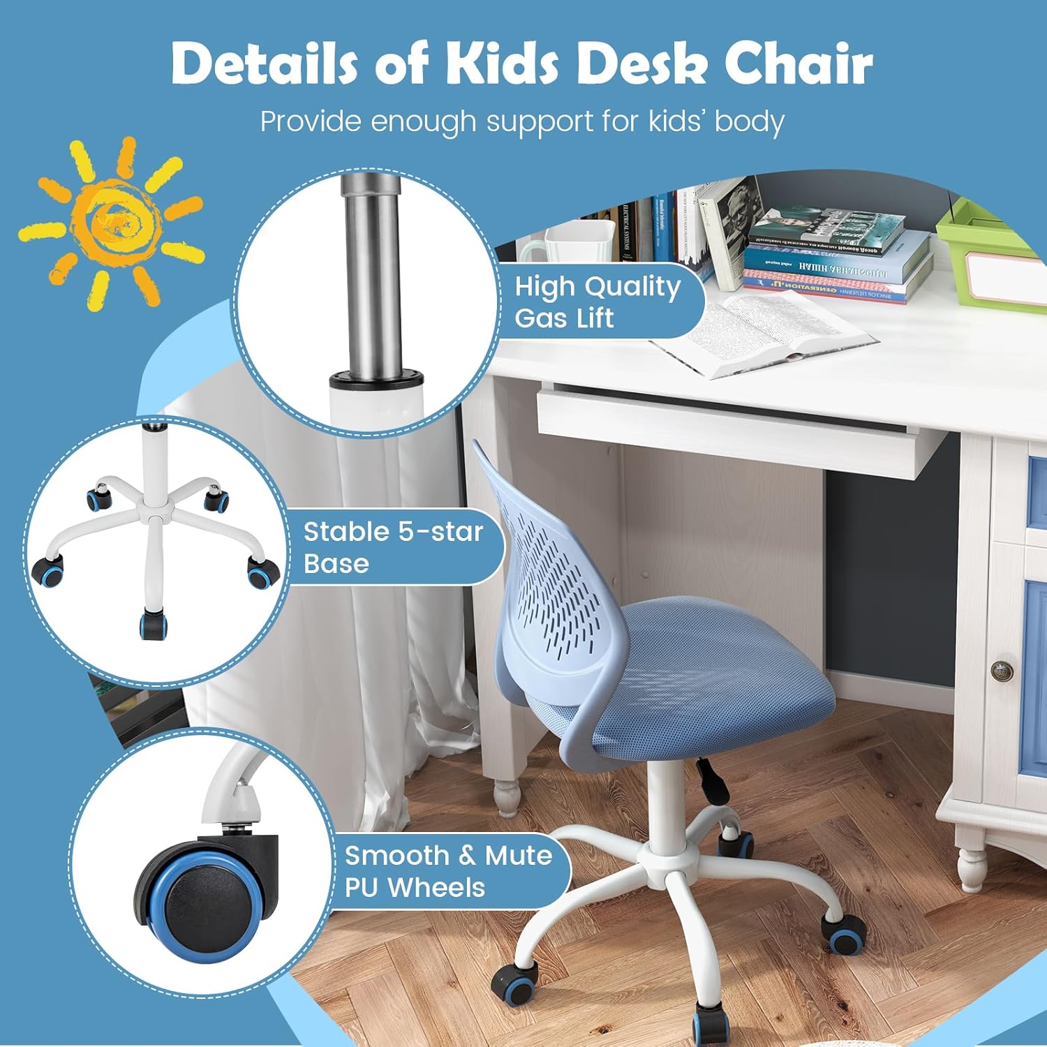 DORTALA Desk Chair for Teen, Kids Armless Swivel Small Cute Low-Back Mesh Office Chair Comfy with Adjustable Height, Lumbar Support, Ergonomic Computer Study Chair in Home Bedroom School, Blue