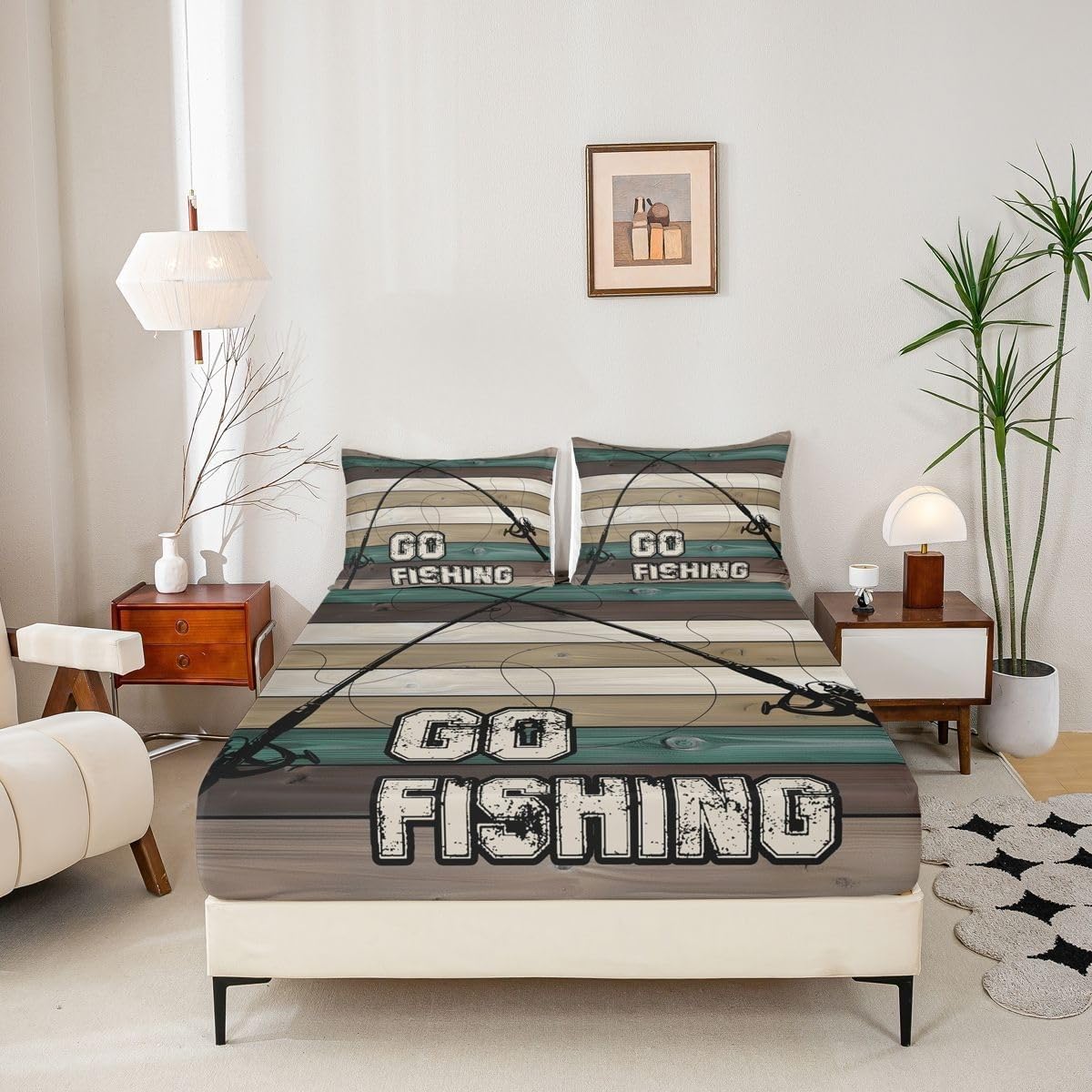 Fishing Fitted Sheet Retro Lines Bed Sheets Deep Pocket 12 inch (30 cm) Soft Cozy 3 Piece Microfibre Bed Sheet 200x200 cm with 2 Pillowcases 50x75 cm