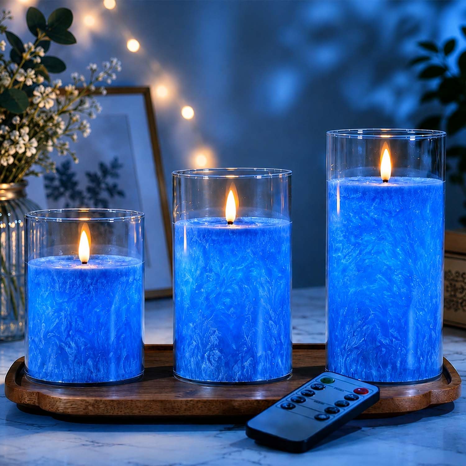  - Mozketo 19 Blue Glass Real Wax Flameless Candles FlickeringWith Remote & TimerFake LightBattery Operated Led Pillar