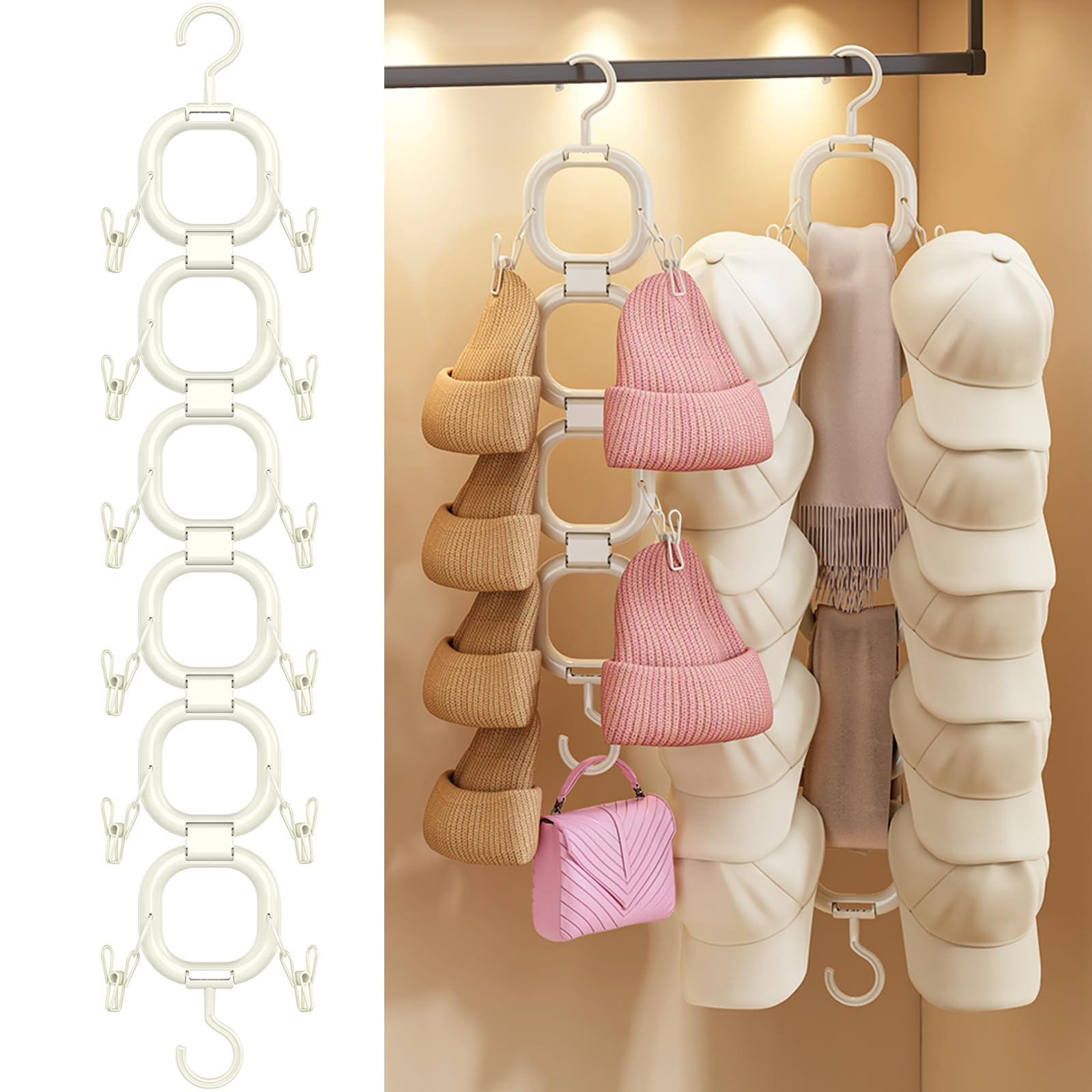 Hat Organizer for Baseball Caps,Hat Rack Small Space Organization for Wall and Cloeset,Hanger Hat Holder Hold up to 16 Hats for Closet Door and Bedroom (White, 6Loops)