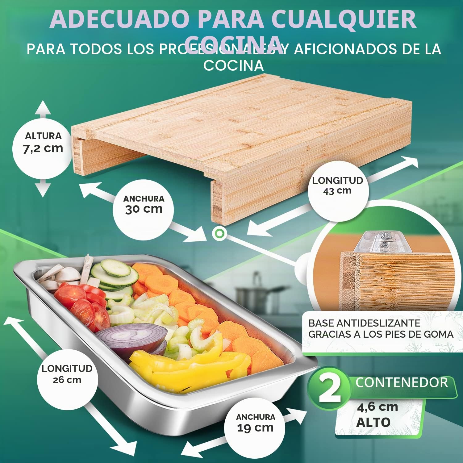 Loco Bird Tabla de Cortar de Madera Con Bandeja Colectora y Cuencos de Acero Inoxidable - Grande de Bambú Para Cocina