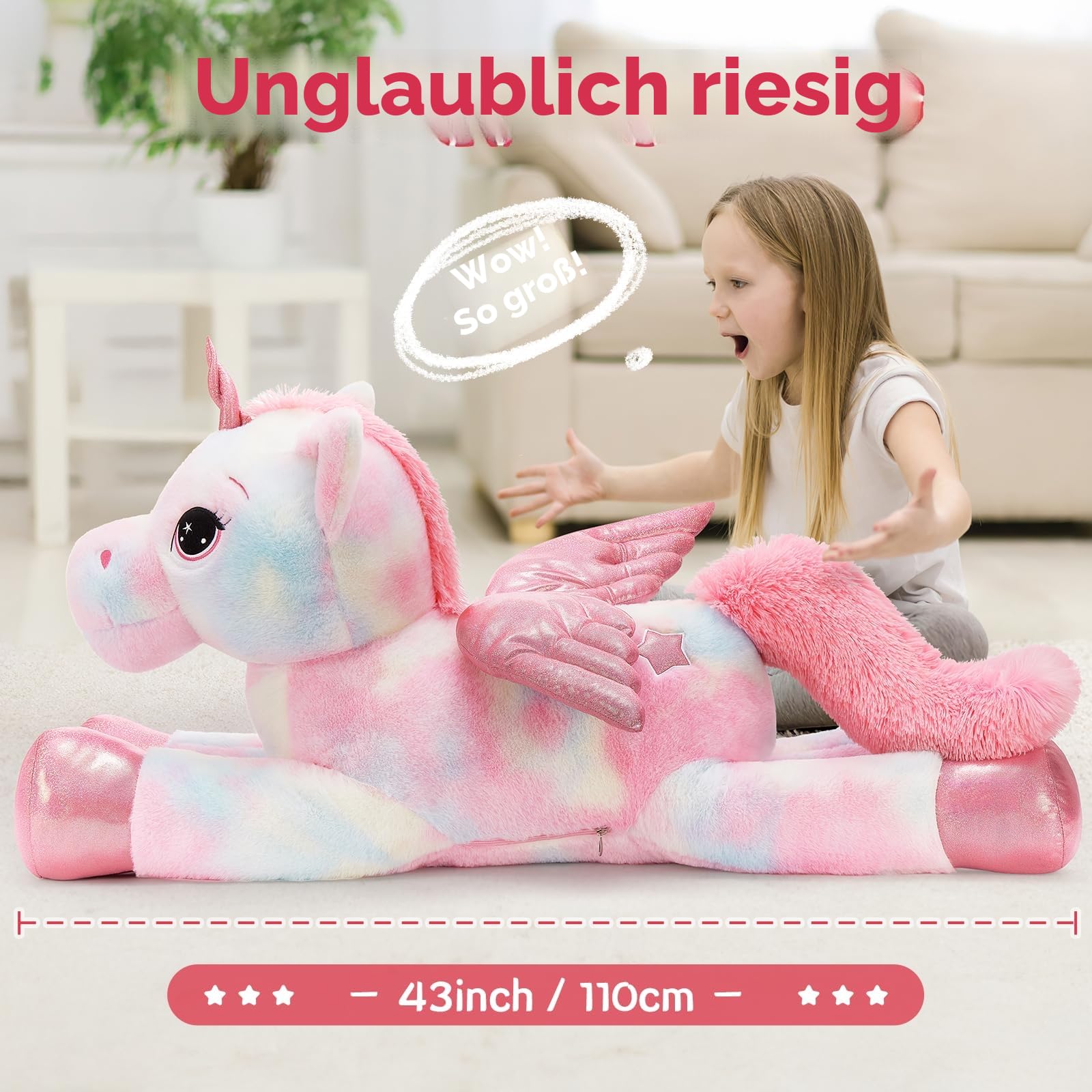 MorisMos Einhorn Kuscheltier groß XXL mit flügel, 110cm riesen Einhorn Stofftier Plüschtier, Geschenk für Kinder Mädchen-Bunt Rosa