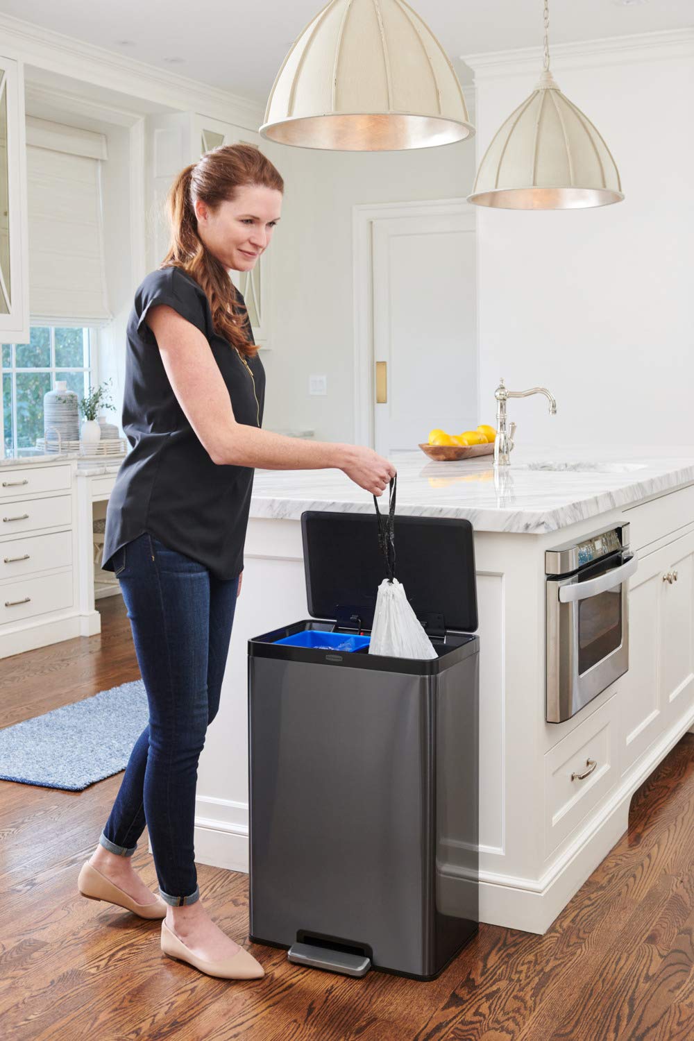 Rubbermaid Elite Stainless Steel Metal Dual Stream Step-On Trash Can for Home and Kitchen Waste and Recycling, 10.5 Gallon, Charcoal