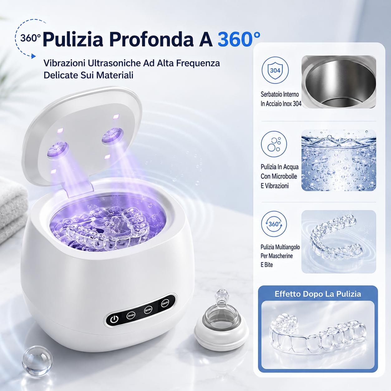 Cleon - Pulitore ad Ultrasuoni 45000Hz con 3 Modalità - Pulitore Ultrasuoni Apparecchio Denti Compatto, Vaschetta in Acciaio Inox, per Retainer, Gioielli e Accessori Quotidiani (Nero)