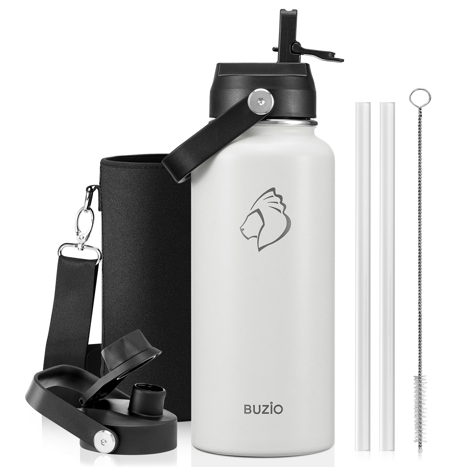 BUZIO 32 oz Water Bottle Insulated, Leakproof Stainless Steel Flask (Cold for 48 Hrs), Wide Mouth BPA-Free Metal Thermo Hydro Canteen with 2 Lids, White โ image 1