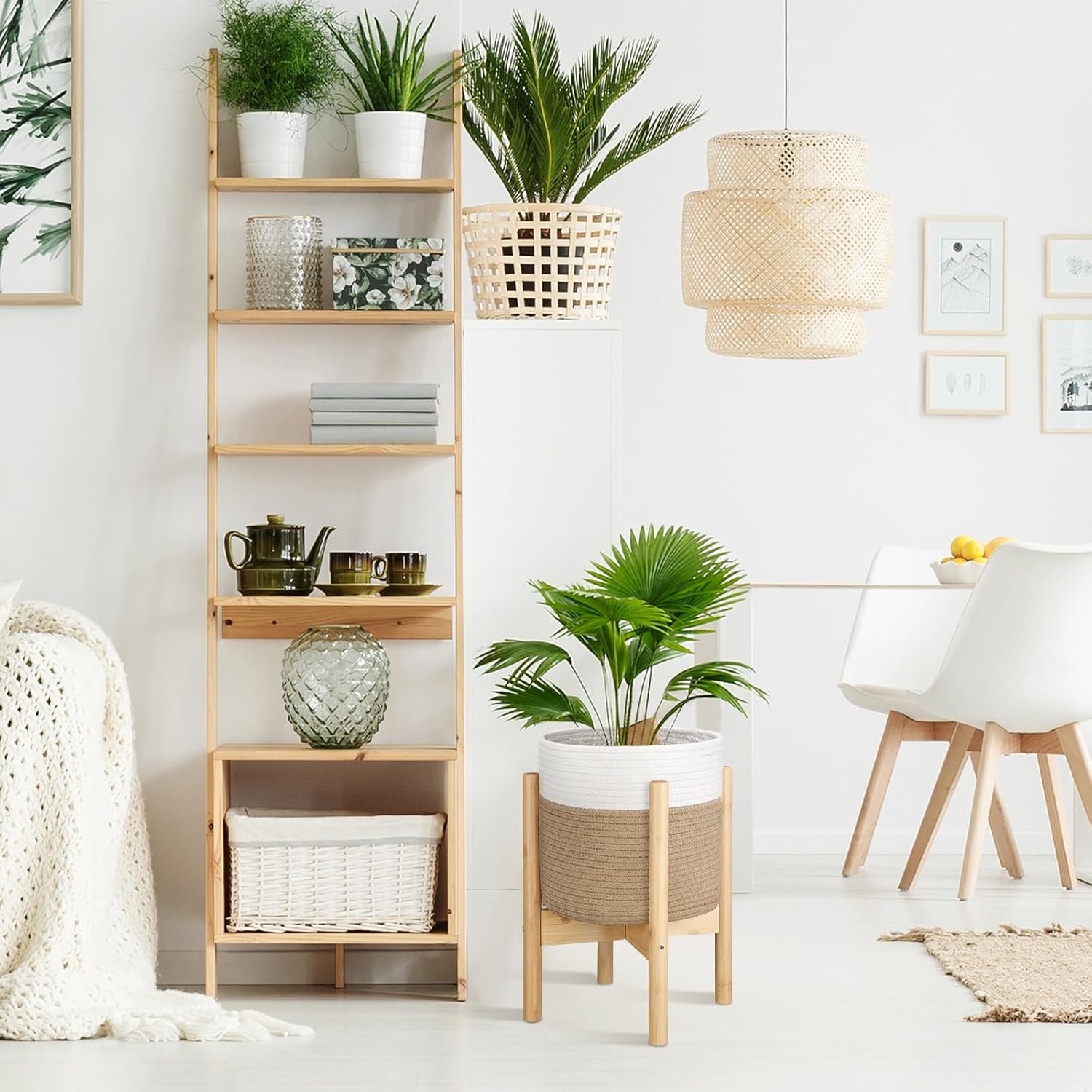 Plant Basket with Stand Indoor Planter Pot Holder Sturdy Jute Rope Modern Woven Basket, Cotton Rope Woven Pot with Bamboo Stand(White and Yellow,10 Inch)