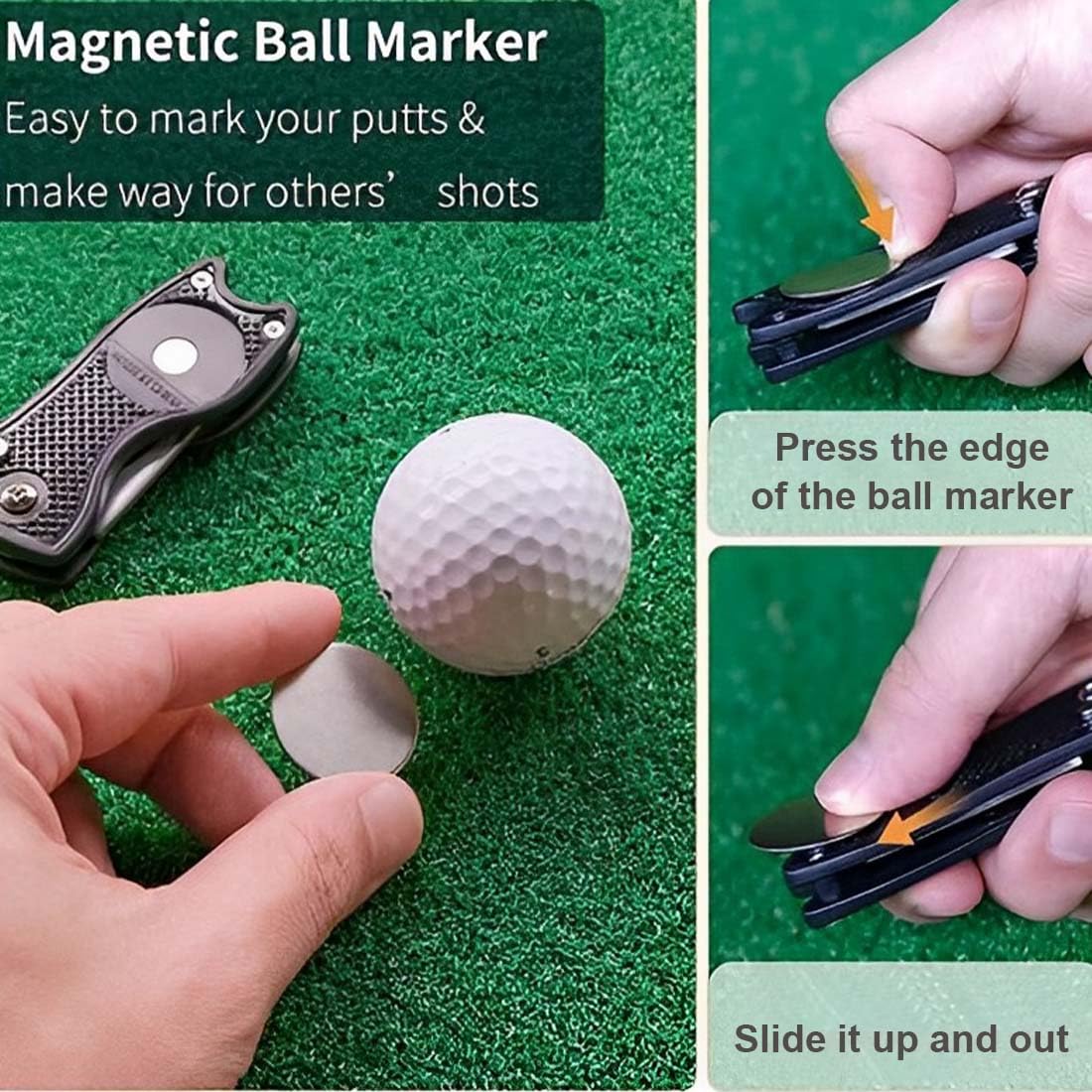 Strumento di Riparazione Divot da Golf Pieghevole con Marcatore Magnetico Nero