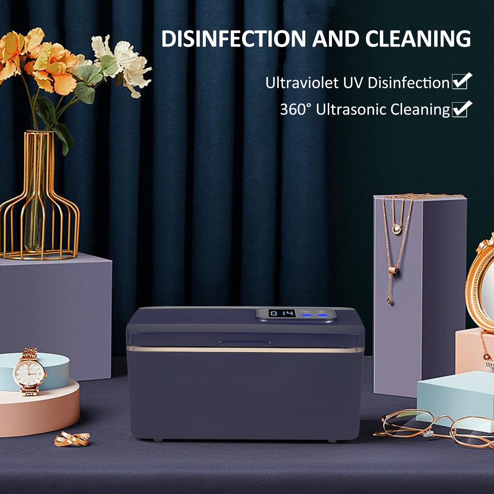 BLAIS Limpiador ultrasónico de joyas Limpiador ultrasónico doméstico UV de 600 ml Máquina limpiadora por ultrasonido portátil de 43 KHz con 2 modos para limpiar joyas, anteojos, relojes, anillos, mone