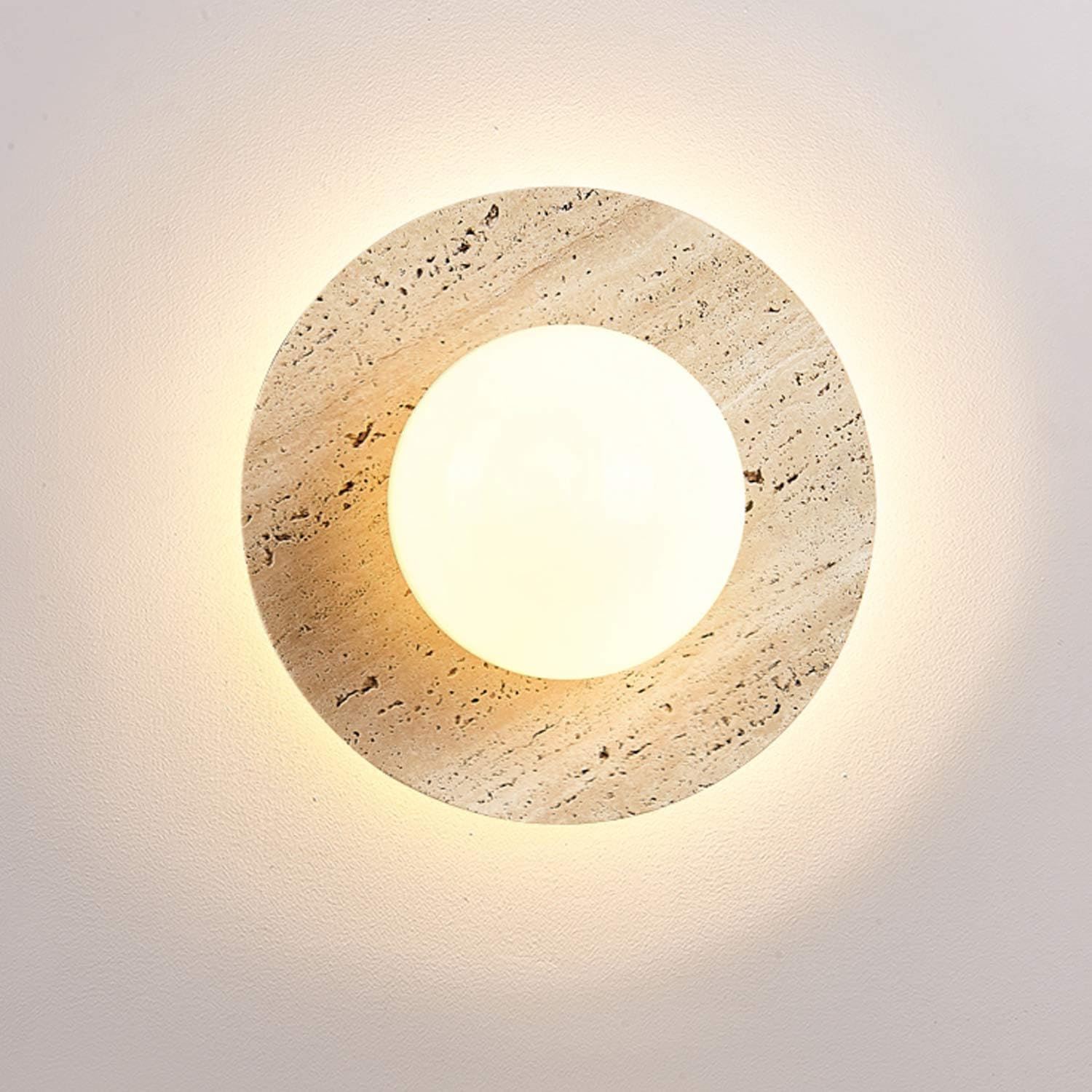 USMJQVZ Modern Natural Yellow Travertine Wall Lights Hardwired Round LED Wall Sconce Indoor Lamp Wabi Sabi Modern Stone Sconce for Bedroom Hallway