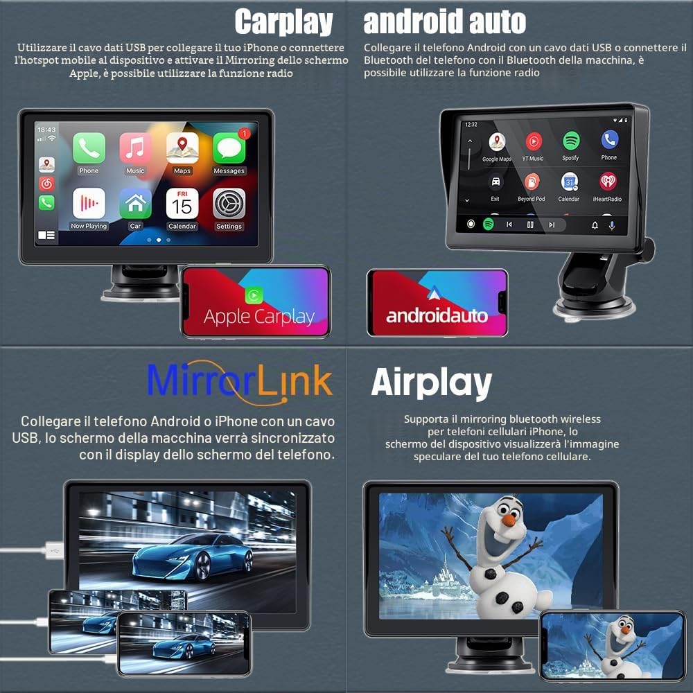 sunweyer Sunweyer Wireless Carplay & Android Auto Screen, Stereo Portatile Auto, 7 "IPS Touchsreen Display, Supporto 1080p Backup Camera & Bluetooth/AUX/FM Trasmettitore