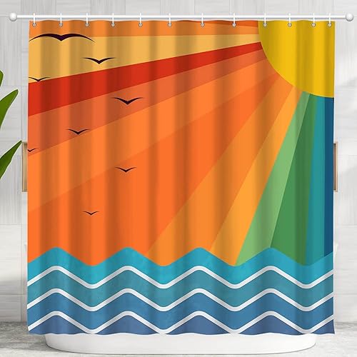 Ghroiep Juego de cortina de ducha colorida y bohemia para baño, diseño geométrico de ondas bohemias, moderno, minimalista, neutro, lavable,