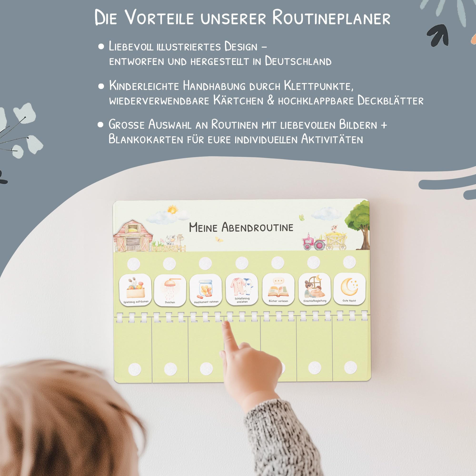 Routine Planer Kinder für Morgenroutine und Abendroutine - Routineplaner, Tagesplan Kinder mit Klett-Punkten und 105 Symbolkärtchen, Montessori Planer, Routinehilfe zum Umklappen (Bauernhof)