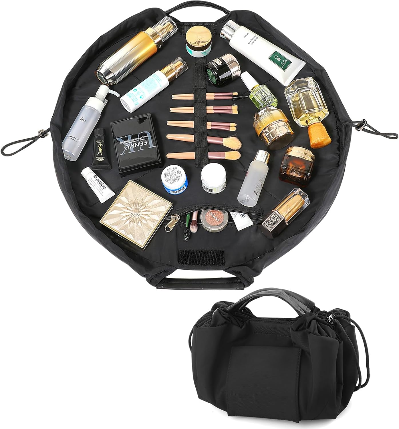 Vomgomfom 20 inch Drawstring Makeup Bag Open Flat,Waterproof Magic Cosmetic Pouch for Women (H-Black)