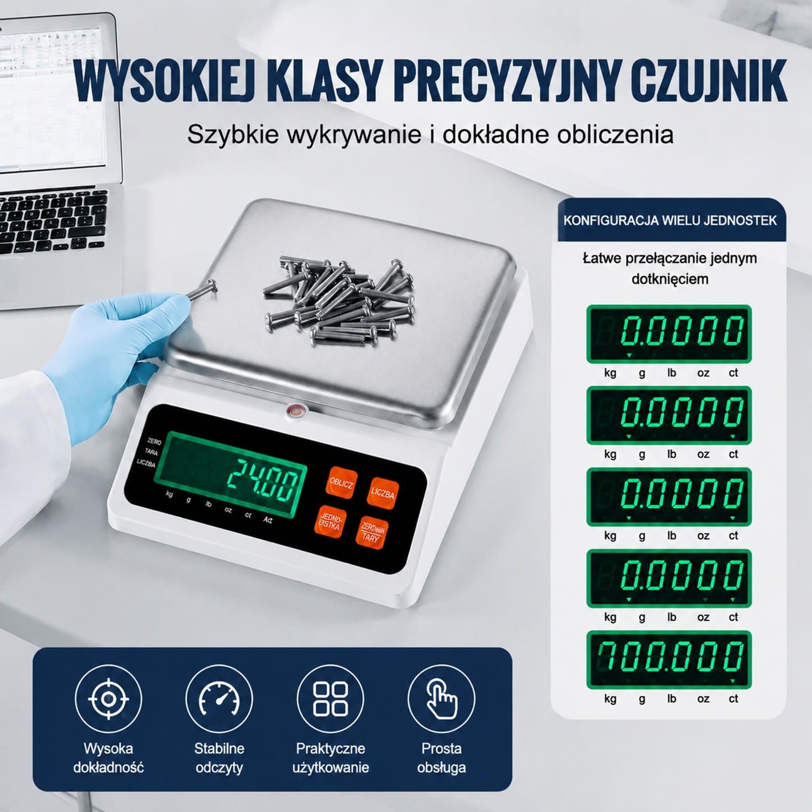 Cyfrowa waga licząca do części i monet, 10 kg x 0,1 g, g/kg/lb/oz/ct, do inwentaryzacji, kuchni, biżuterii, z ekranem LED