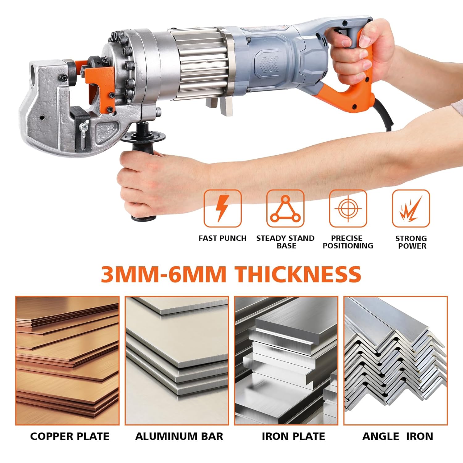 1300W Electric Hydraulic Hole Puncher Φ1/4"-4/5" Hydraulic Punching Machine Punching Tool Portable Punch Machine with 5 Dies for Iron Copper Aluminum Plate Angle Steel PM20 (Orange+Grey)