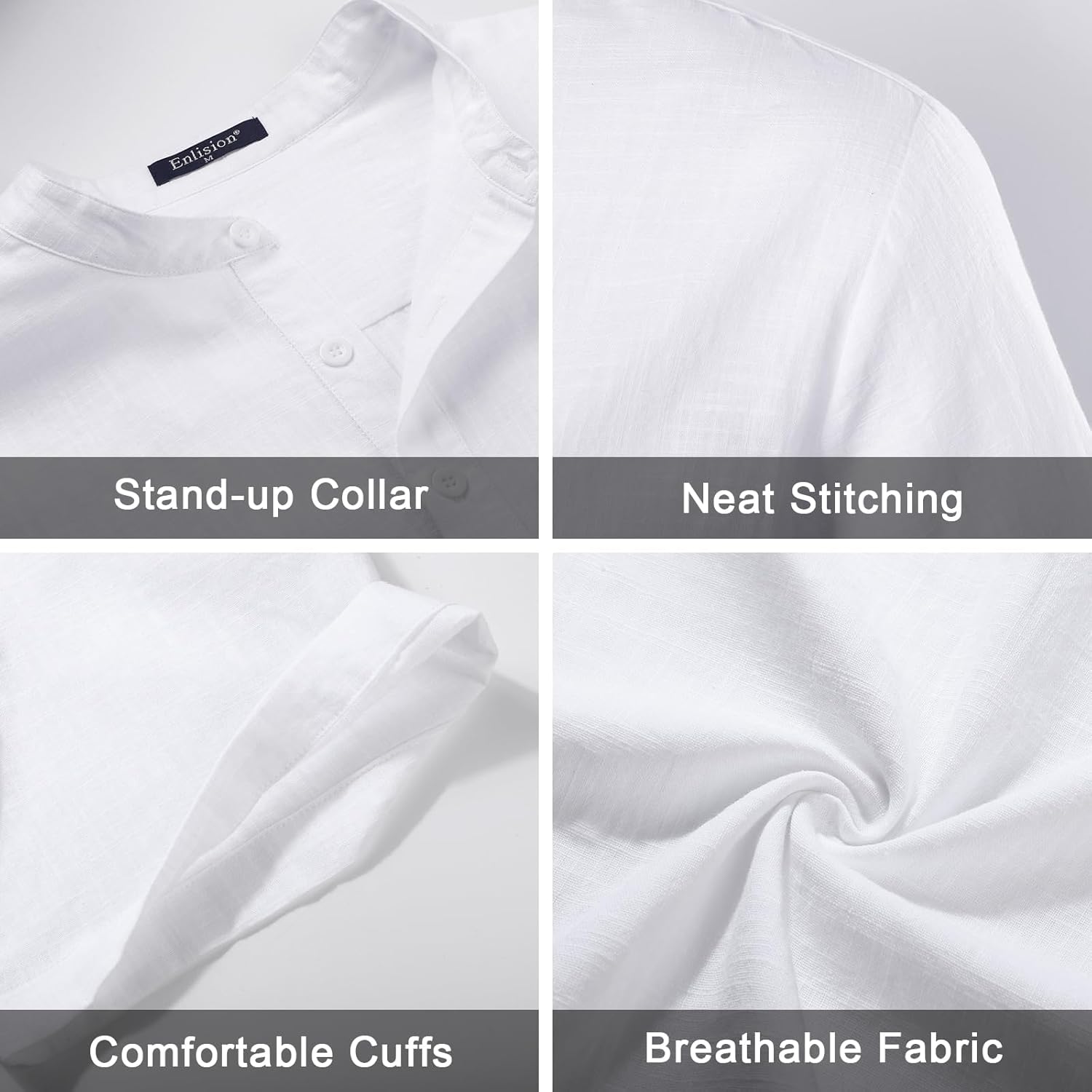 Enlision Mens Cotton Linen Henley Shirts Casual Short Sleeve Shirt Summer Beach Hippie Tshirt Band Collar Shirt for Men - Image 5