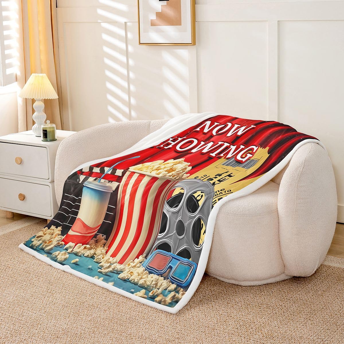 Feelyou Movie Sherpa Blanket Plush Fuzzy Popcorn Clapboard Fleece Throw Blanket Girls Vintage Movie Cinema Ticket for Bed Couch Chair Living Room Theater Bedroom Vintage Cinema Ticket Baby 30"x40"