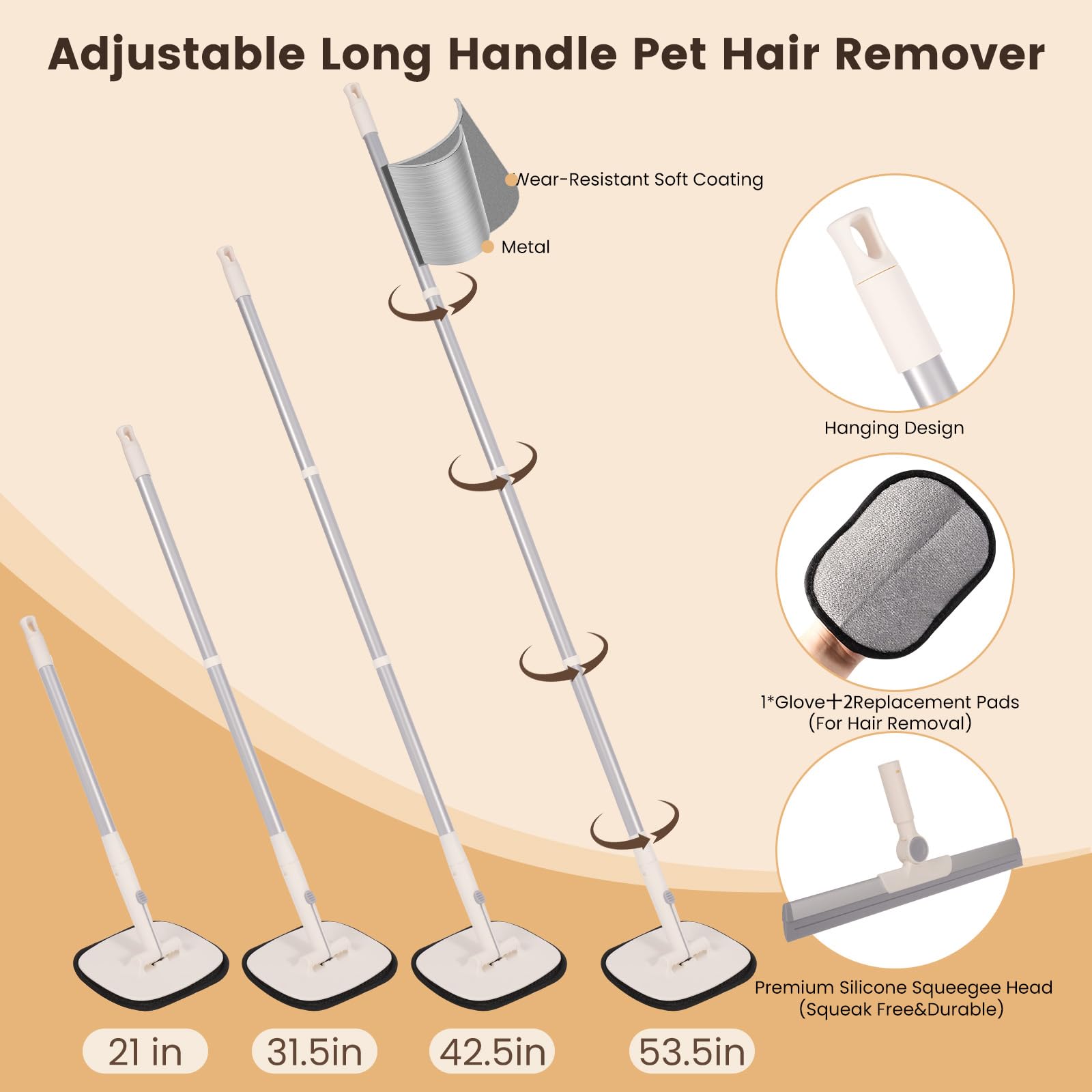 AMOSTIIIIC Removedor de pelo de mascotas para gatos y perros, herramienta reutilizable de depilación de mascotas con mango largo ajustable para pelaje de mascotas en el sofá de la escalera, cepillo