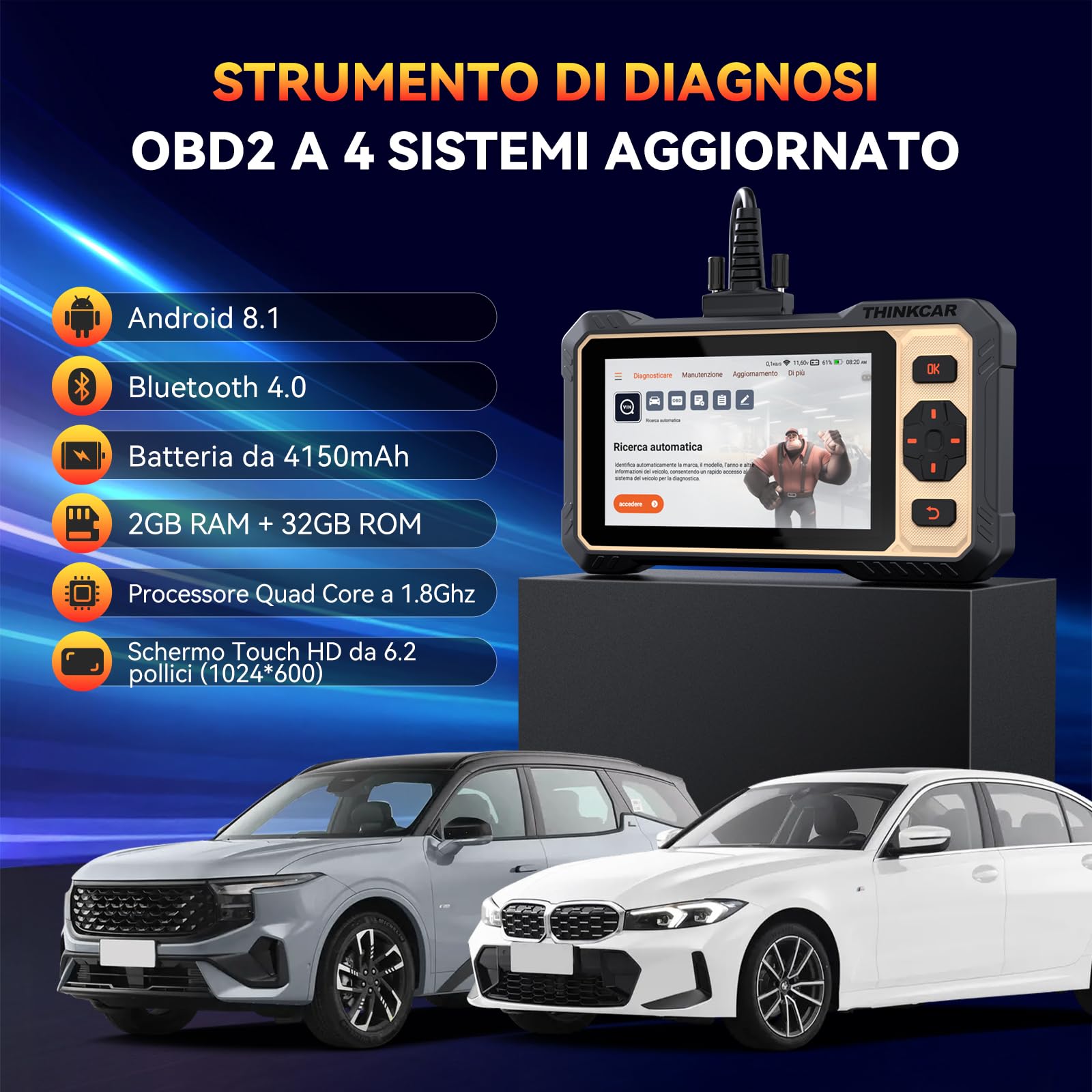 OBD2 Auto Diagnostica, ThinkScan 662 Scanner Diagnostico per Auto con 12 Funzioni di Reset + Diagnosi di 4 Sistemi (ECM/TCM/SRS/ABS), Strumento per Test Attivi, Protocollo CANFD, Aggiornamenti a Vita