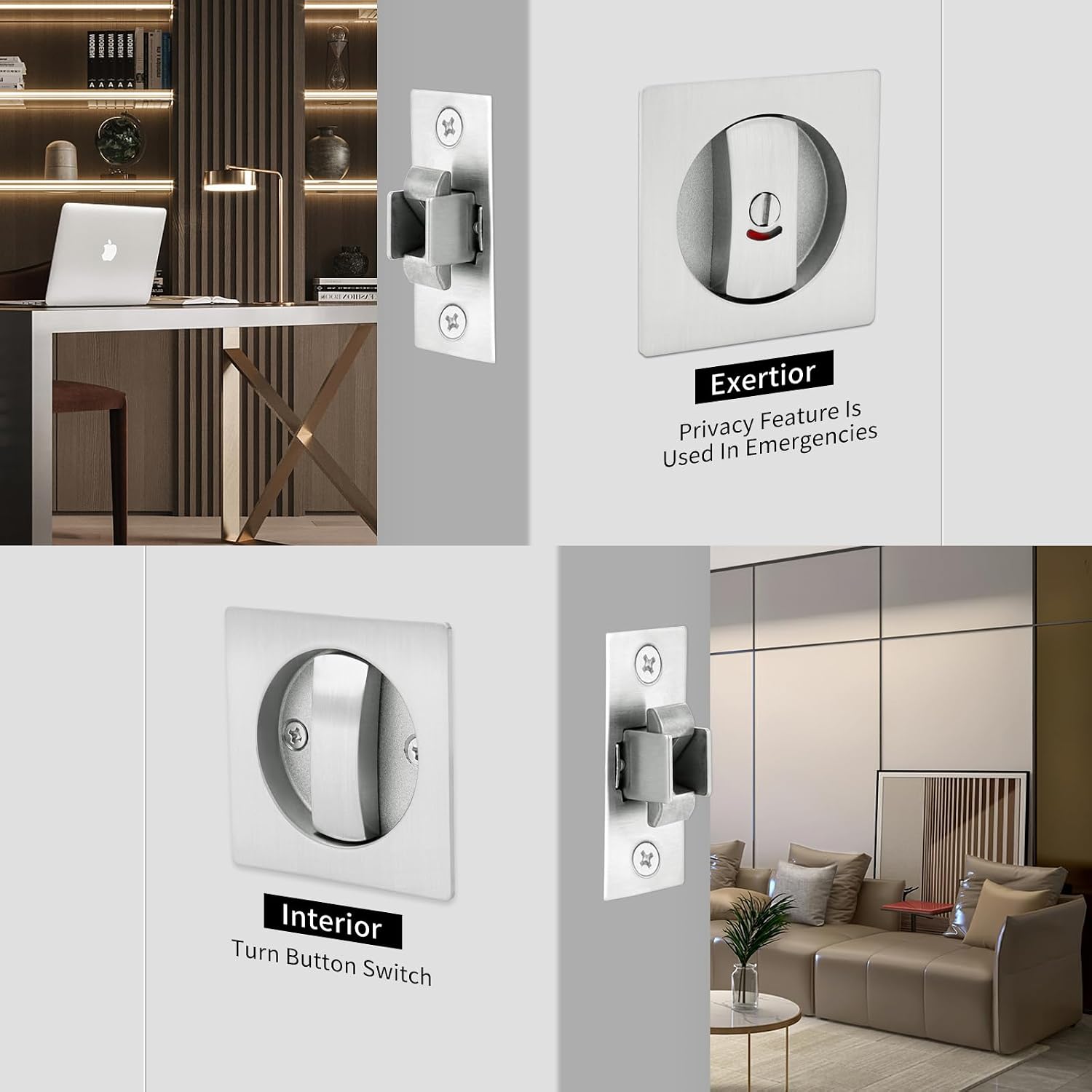 Satin Nickel Pocket Door Hardware with Color Coded Indicator, Square Contemporary Privacy Pocket Door Lock for Bedroom Bathroom, for 2-3/8" Backset, Brushed Nickel
