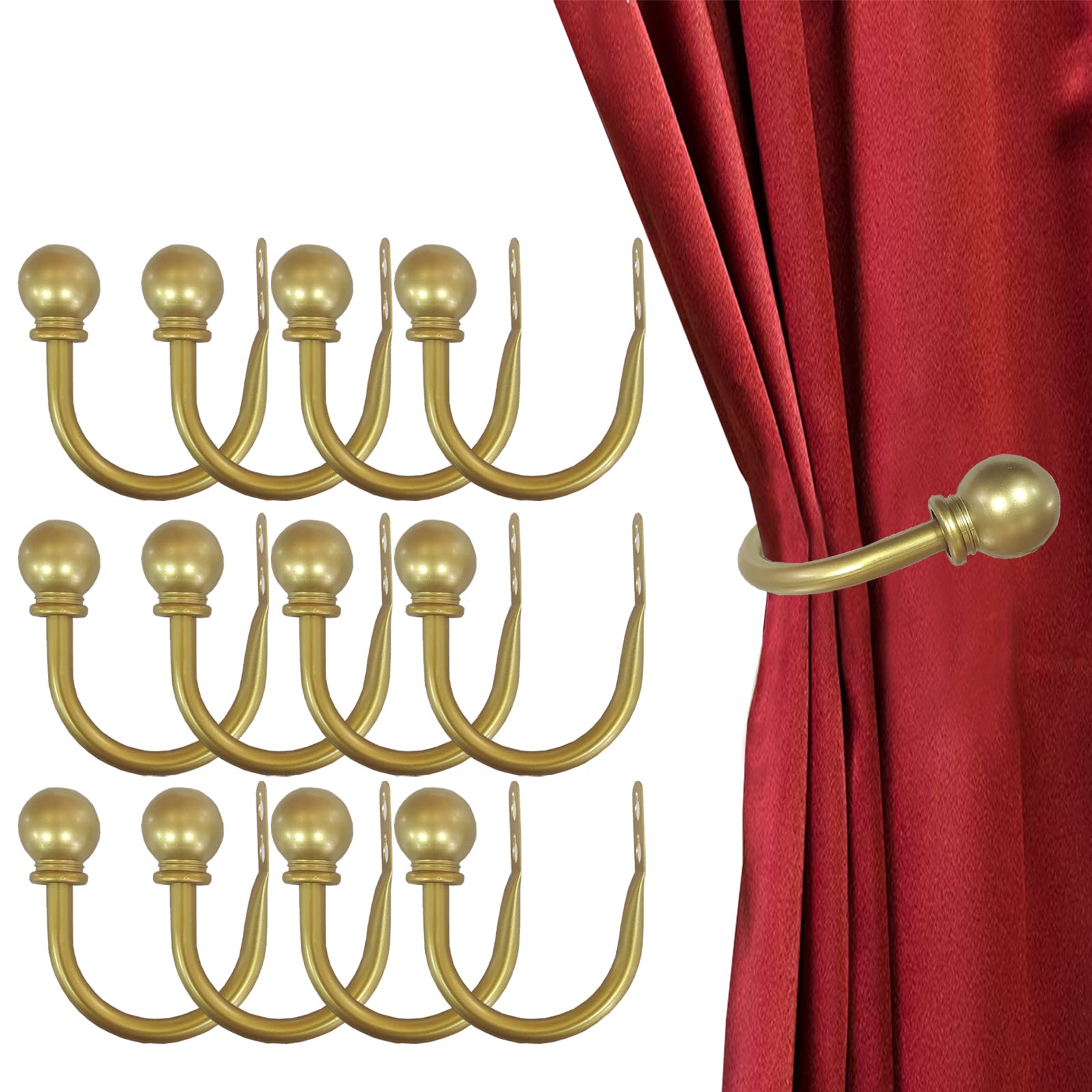 Kowibcl Curtain Holdbacks, Curtain Hooks for Drapes with Screws Wall Mounted, Decorative Drapery Holdbacks for Bedroom Livingroom Office, Gold Ball Finials Curtain Tiebacks (12pcs)