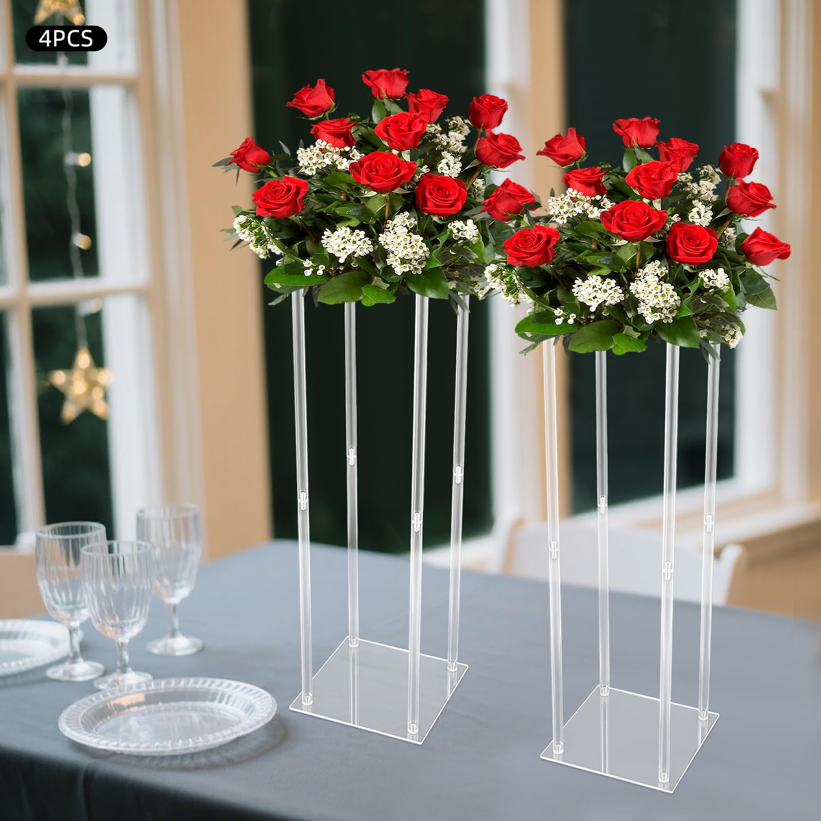 Vaso per fiori, 4 pezzi, in acrilico, per feste, matrimoni, 25 x 25 x 80 cm, trasparente, centrale, supporto per lavagna, moderno, colonna di fiori (rettangolare)