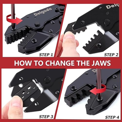 Miniatura 5 de Delgada Juego de herramientas de crimpado de trinquete, 6 piezas de mordazas intercambiables con bolsa de transporte de destornillador, alicates de