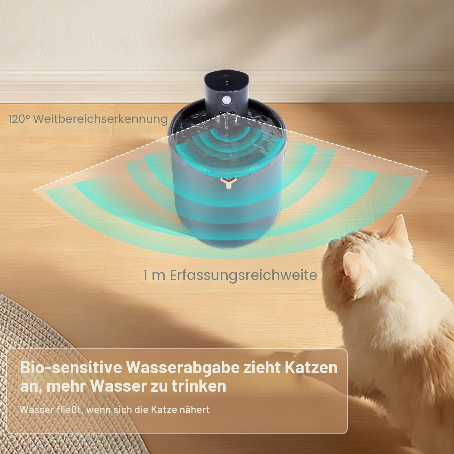 Wasserbrunnen für Katzen, 2,5 l – Bewegungsmelder, wiederaufladbarer Akku 4000 mAh, leise, Schwarz