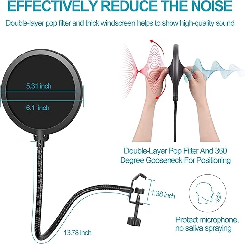 Miniatura 4 de Brazo de brazo, brazo de micrófono ajustable con 2 clips y filtro pop, escritorio con soporte de micrófono con adaptador de 38 a 58 pulgadas para