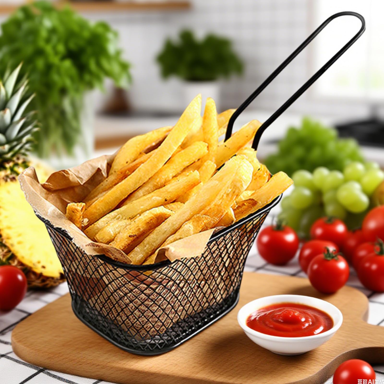 12 cestini per patatine fritte, in acciaio inox, con manico, mini cestello da portata, per gamberi e patatine fritte (nero)