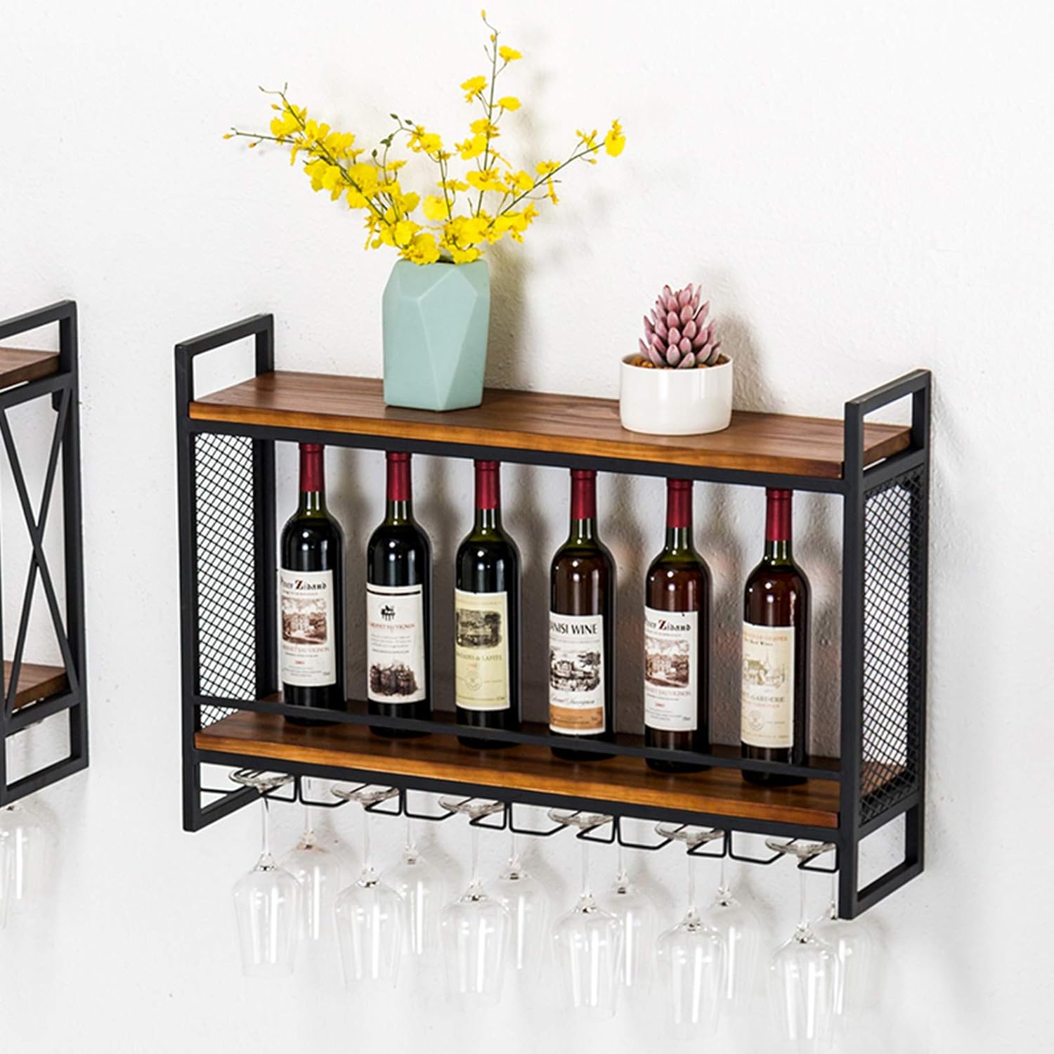 Wall Mounted Wine Rack - 6 Stem Glass Holder, Metal Hanging Storage Shelf for Kitchen Decor, Rustic Farmhouse Style, Fully Assembled Wine Display Solution