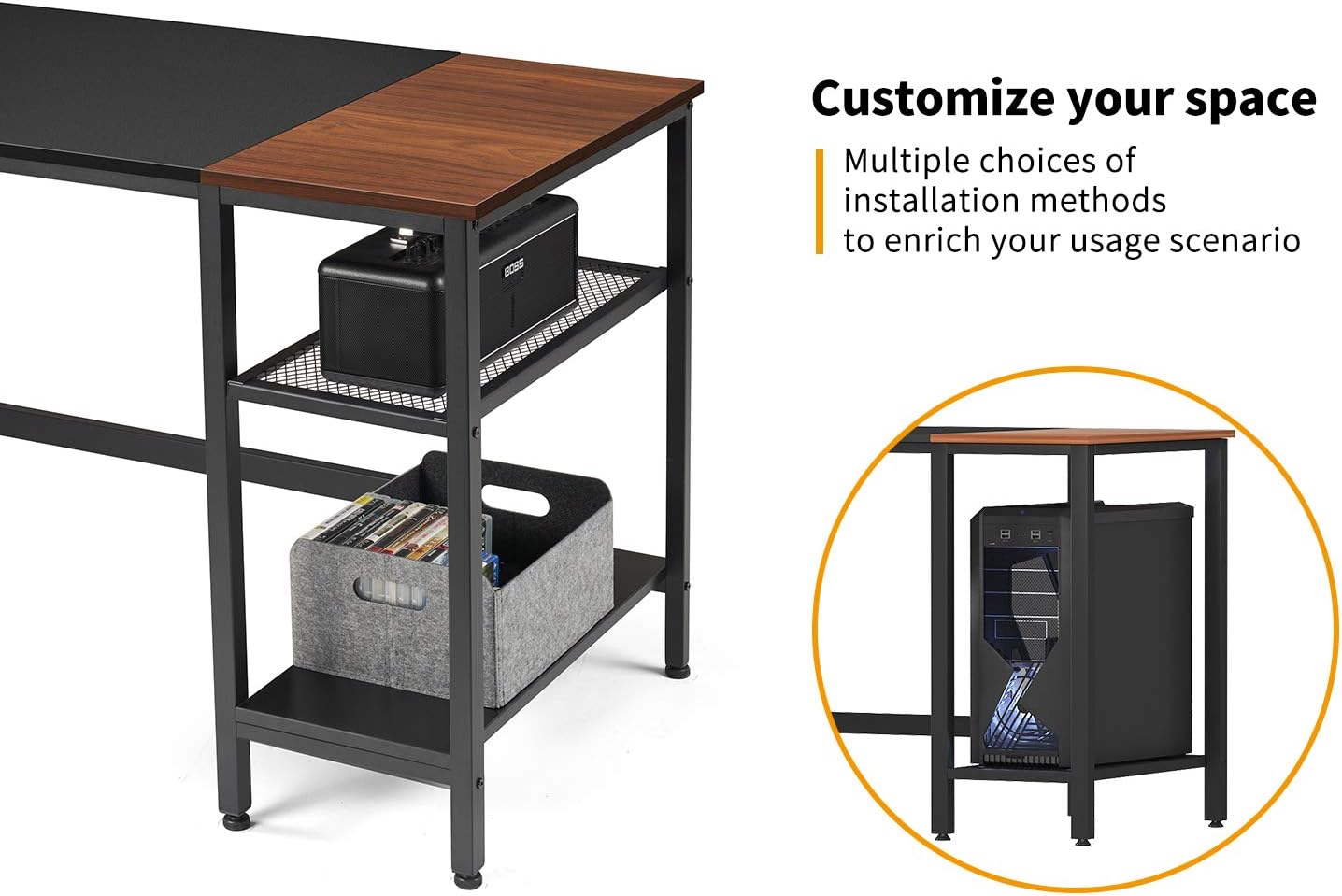 CubiCubi Computer Home Office Desk, 47 Inch Small Desk Study Writing Table with Storage Shelves, Modern Simple PC Desk with Splice Board, Black/Walnut