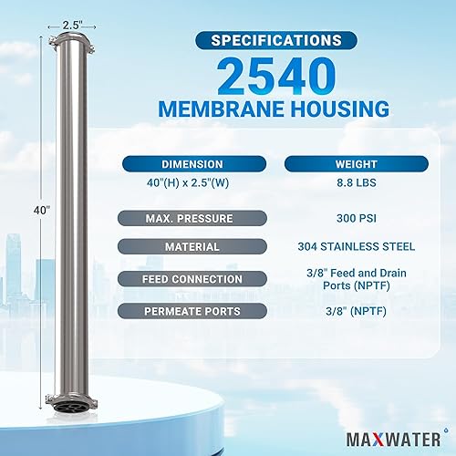 Miniatura 2 de Max Water Elemento de carcasa de acero inoxidable 2540 de membrana de 2.5" x 40" - Acero inoxidable 304, puertos de alimentación y drenaje NPTF de