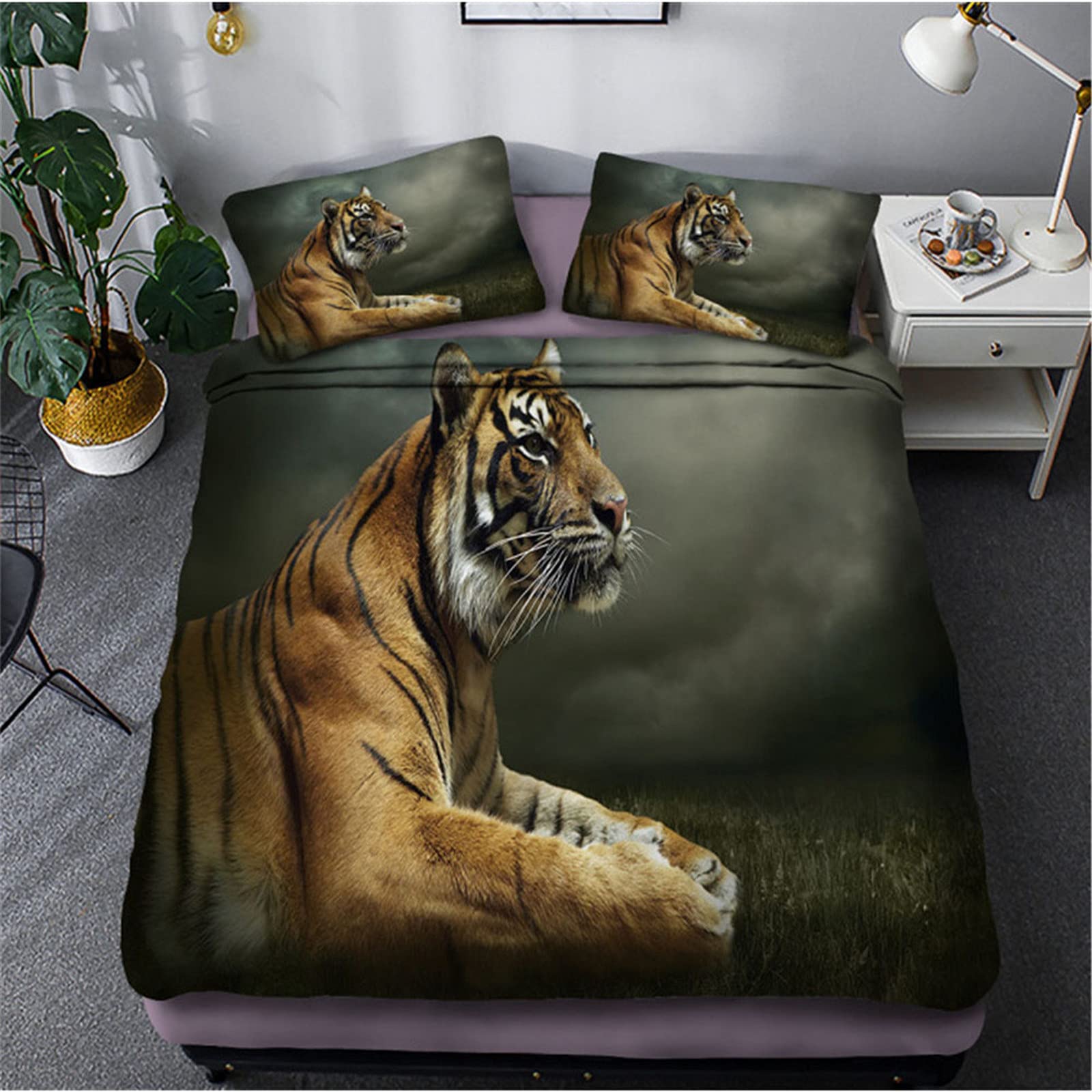 Meiju-Shop Men's Dark Mist Meiju 3D Bedding Set For Single Double Super King Duvet Cover Set 3 Piece, Lion Tiger Printed Microfibre Bed Set With Quilt Cover With Zipper & Pillowcases 50X75cm (,240X220cm)