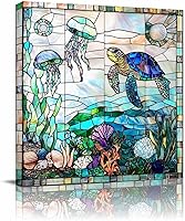 QueenKer Ocean Sea Turtle Jellyfish Stained Glass Canvas Wall Art Framed 12x12 Inch Print for Living Room Bedroom Bathroom Decor