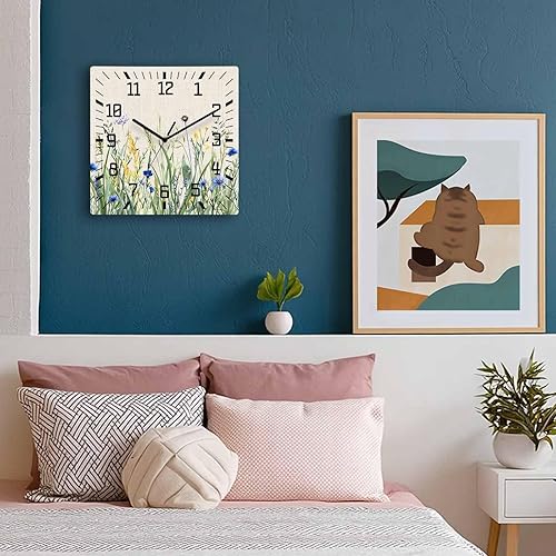 Miniatura 8 de Reloj de pared de madera con flores botánicas, silencioso, sin tictac, acuarela, flores, hierbas, granja, retro, cuadrado, funciona con pilas, reloj