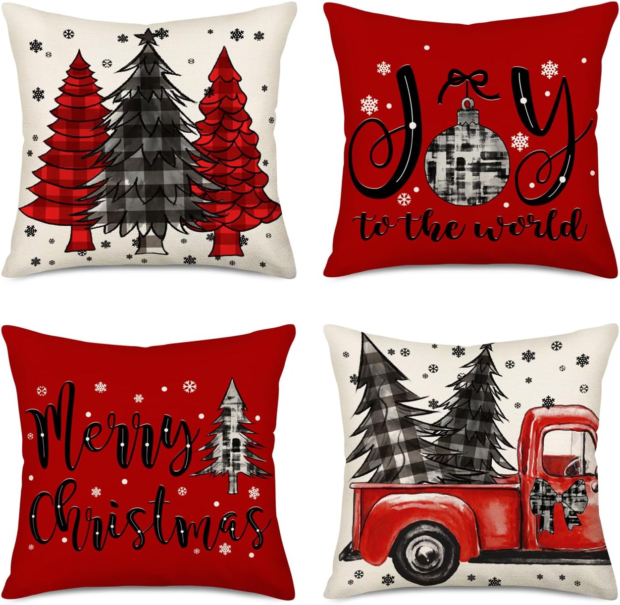 Fukeen Merry Christmas Pillow Covers 24x24 Inch Set of 4 Red Black Buffalo Plaid Farmhouse Truck Christmas Tree Decorations Throw Pillows Snowflake Joy to The World Winter Cushion Covers Couch