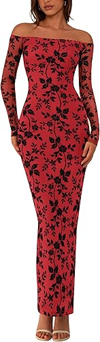 PRETTYGARDEN Womens Off The Shoulder Floral Maxi Bodycon Dress Fall Long Sleeve Mesh Fitted Long Formal Wedding Guest Dresses
