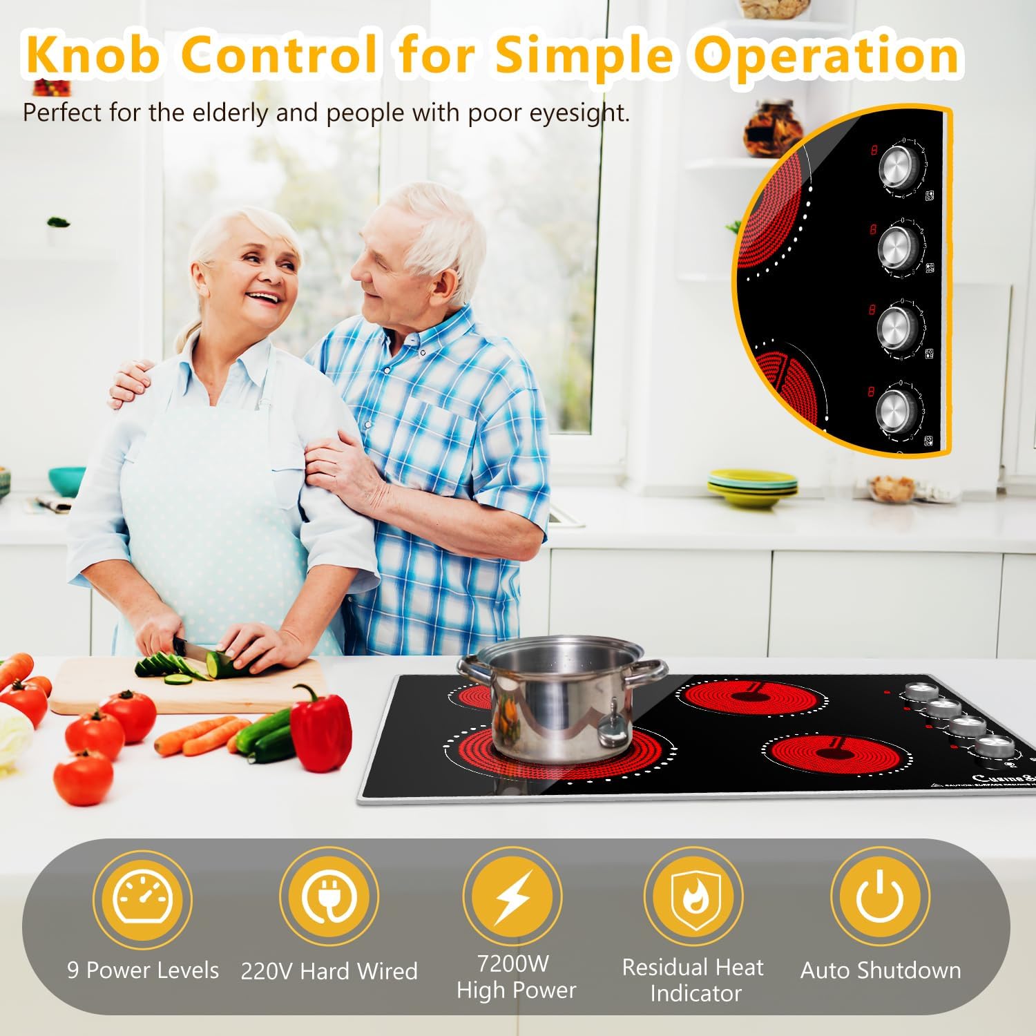 30 Inch Electric Cooktop, 4 Burner Built-in Electric Stove Top with 9 Power Levels, Knob Control, Auto shutdown and Residual Heat Warning, 7200W, 220-240V for Hard Wire