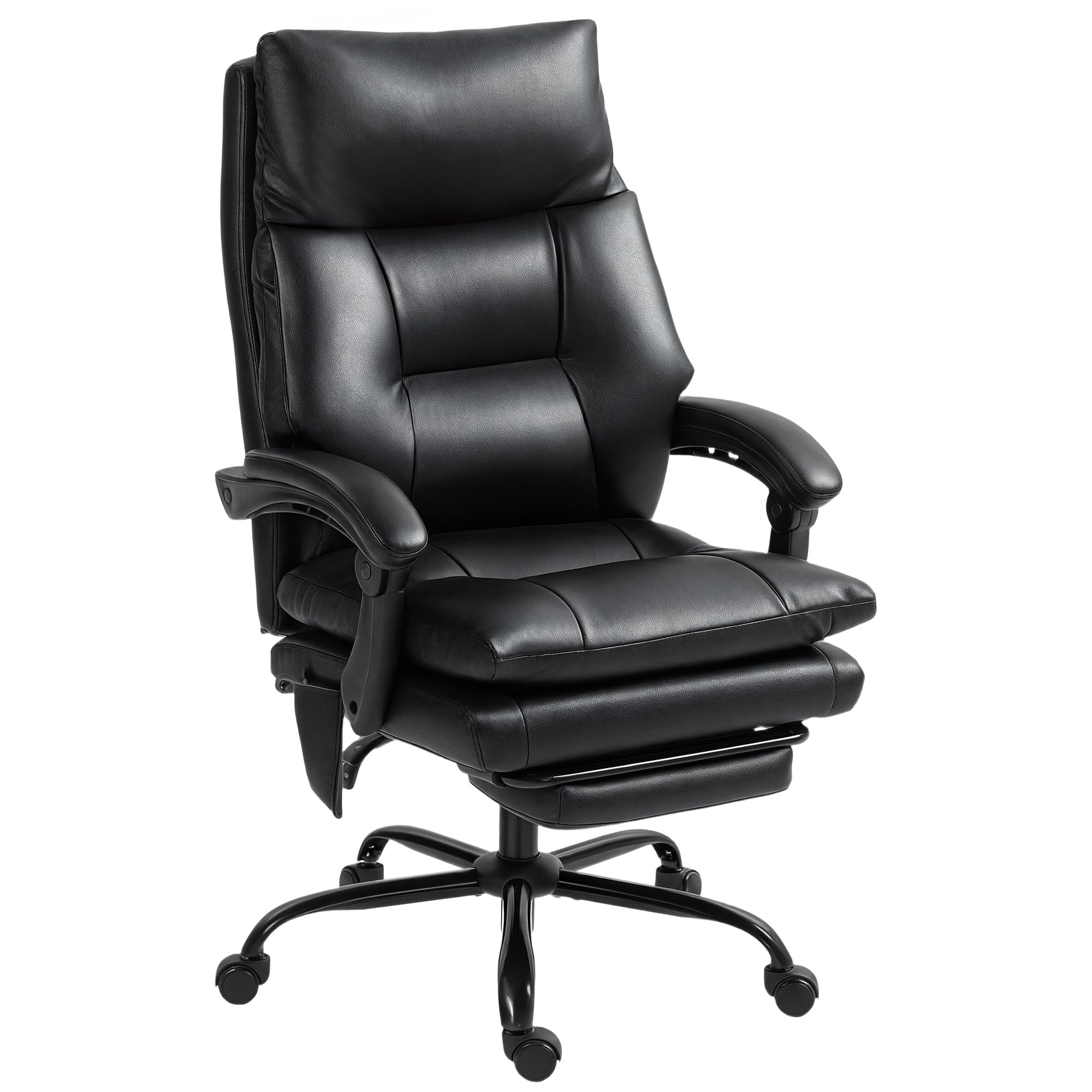 HOMCOM Silla de Escritorio con Soporte Lumbar Inflable, Tapizada en PU, Silla de Oficina Giratoria con Reposapiés, Respaldo Reclinable, Respaldo Alto, Altura Ajustable, Negro