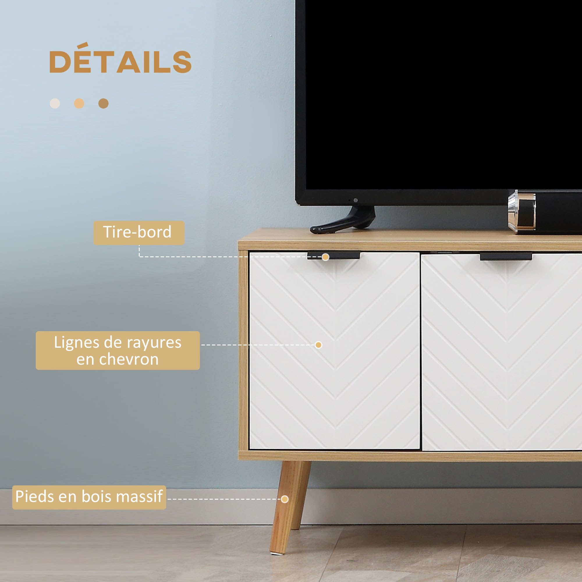 HOMCOM Meuble TV Banc Scandinave jusqu'à 46 Pouces 110L x 39l x 48,8H cm | 2 Portes, 2 Niches, Avec Passe-Câbles, Salon, Chambre
