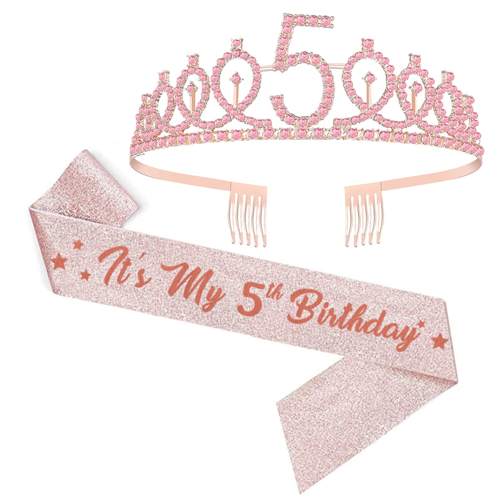 UVATAHONA 5th Birthday Sash and Tiara, 5 & Fabulous Glitter Sash and Pink Crown Set, Happy 5th Gifts for Party Supplies and Decorations