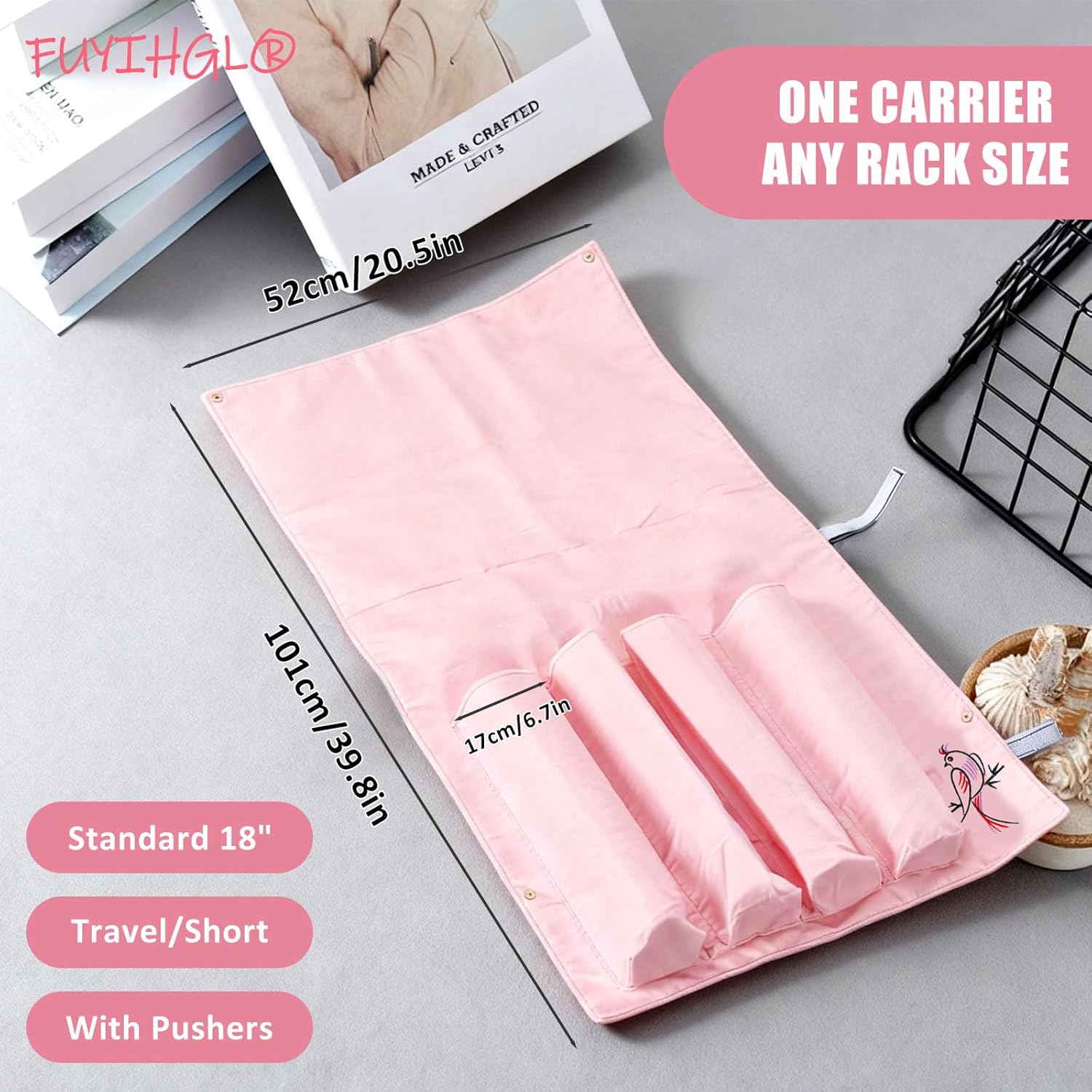 FUYIHGL® Mahjong Rack with Pushers Storage Bag - Roll & Go Pink Canvas Sleeve Organizer Fits 4 Racks & Pushers - Travel Mah Jong Accessories and Gifts for Club Party | Rack Carrier Pouch Only