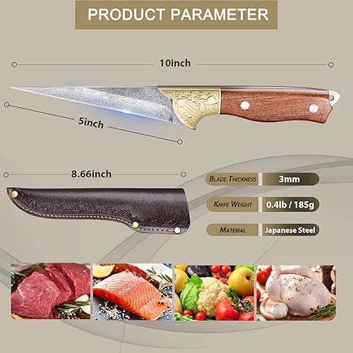 Miniatura 6 de Purple Dragon Cuchillo para cortar verduras de espiga completa de 8.5 pulgadas con cuchillo de filete de pescado de 5 pulgadas, idea de regalo