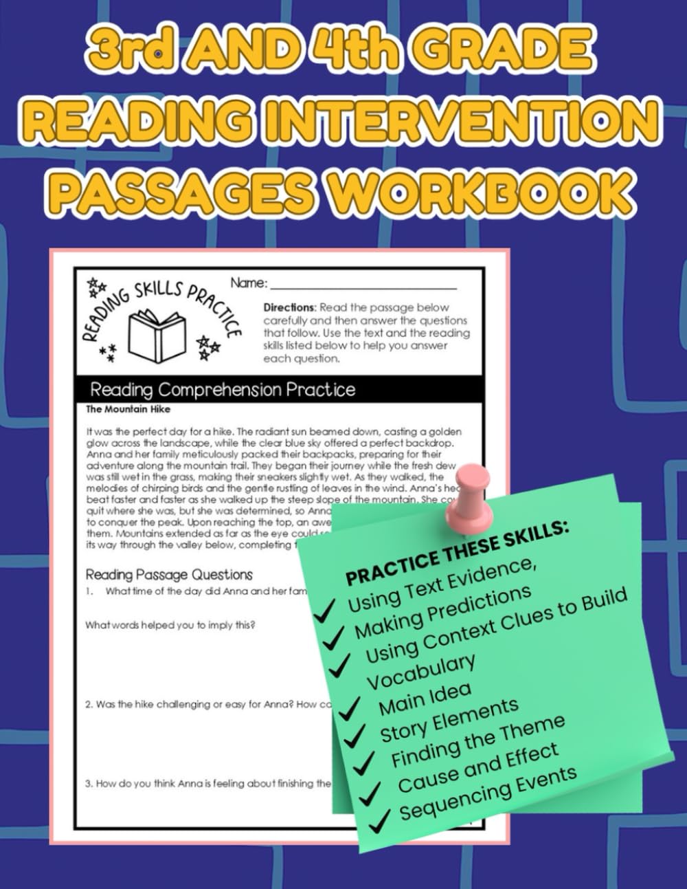 3rd and 4th Grade Reading Intervention Passages Workbook: Practice using Text Evidence, Making Predictions, Using Context Clues to Build Vocabulary, ... and Effect and Sequencing Events Workbook