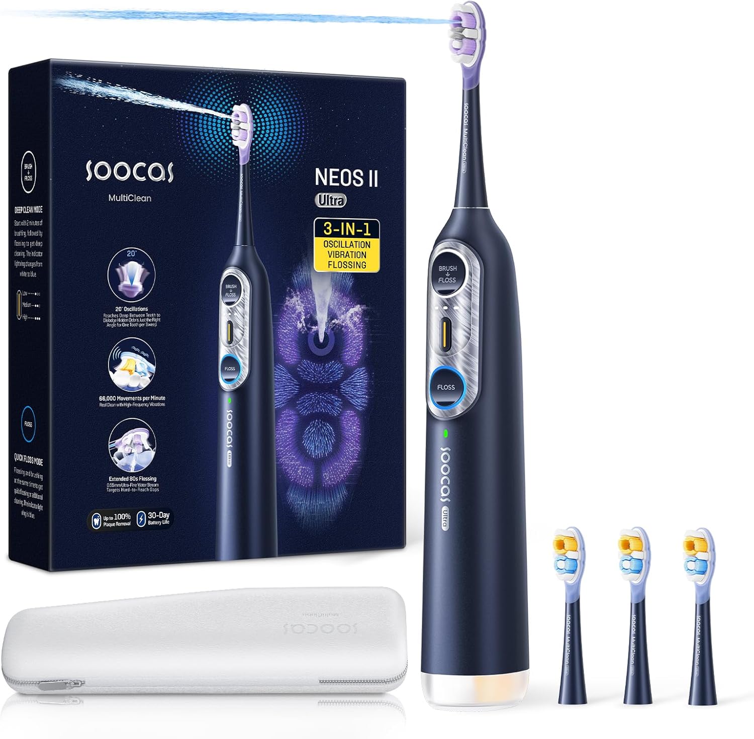 Soocas NEOS II Ultra Electric Toothbrush with Water Flosser and Ultra Clean Replacement Heads Midnight Blue Bundle