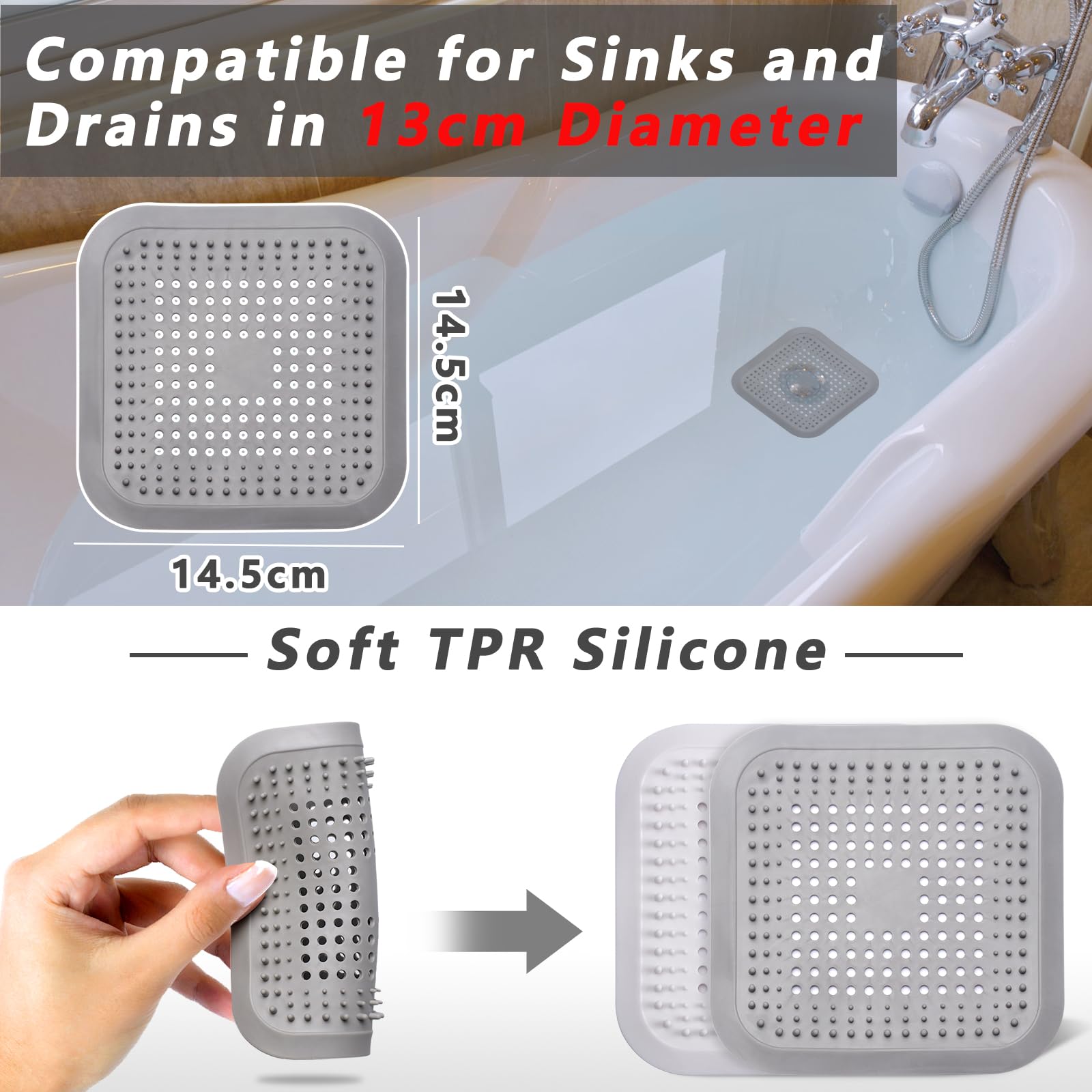 Alyvisun 2Pcs Silicona Atrapa Pelos Ducha con Ventosa, Filtro de Cabello Protector de Drenaje Plegable, Coladores de Desagüe de Fregadero para Baño, Bañera, Ccocina (Gris Claro + Blanco Marfil)