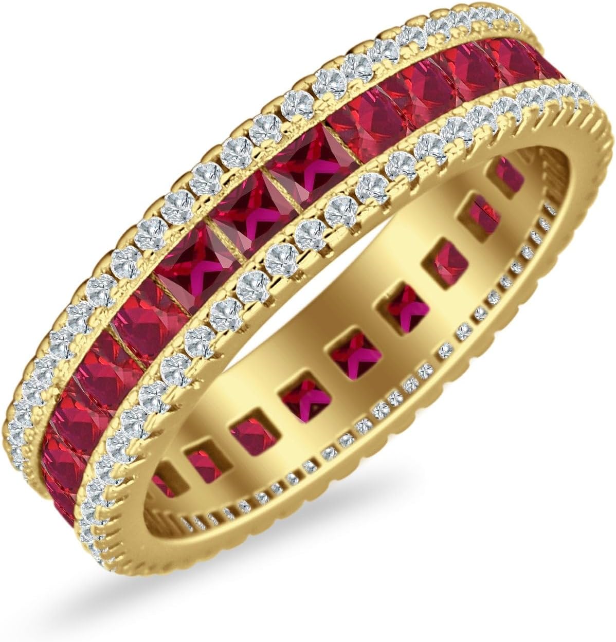 OMRANII Minimalist 4.8mm Three Row Full Eternity Band Round & Princess Cut Cubic Zirconia Rings Classic Style Statement Wedding Bands For Women 925 Sterling Silver Gift For Her