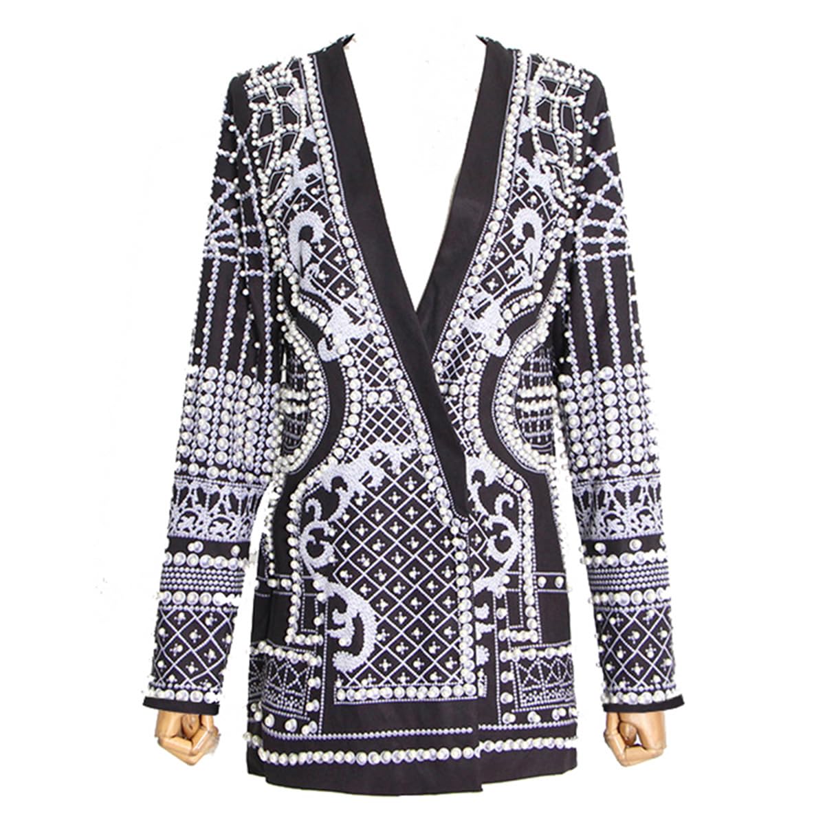 Womens Fashion Printed V-Neck Beaded Small Suit Long Sleeve Nail Loose Suit Jacket